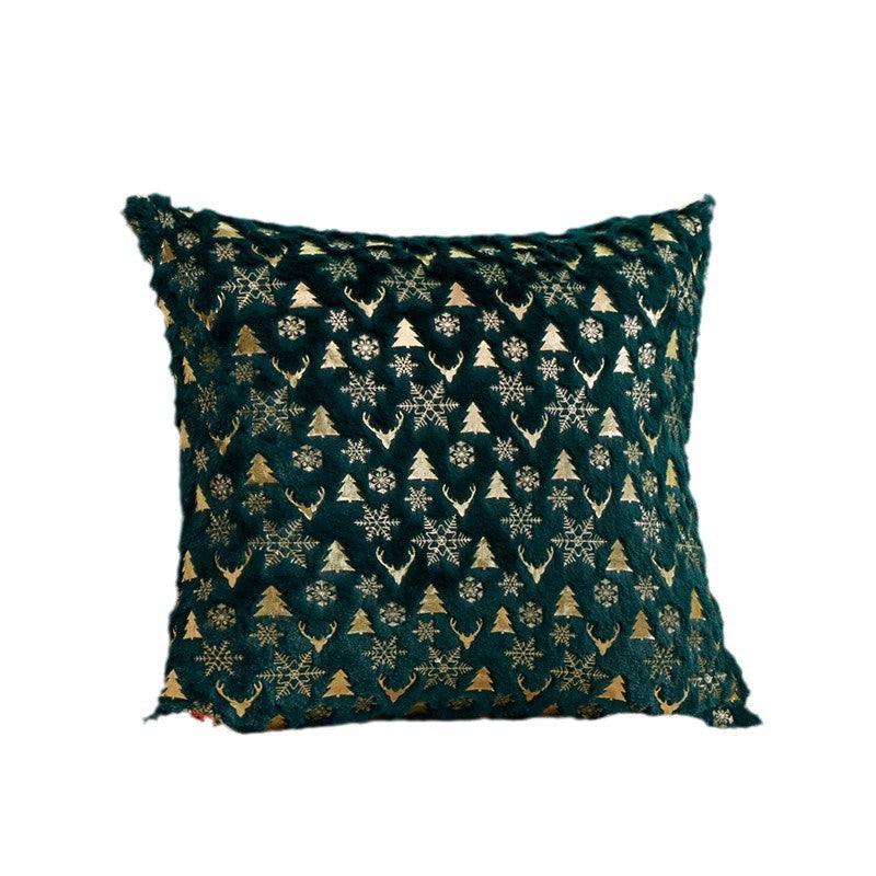 Gold Christmas Pillow Cover with Tree and Reindeer Print | Square Velvet Look Fabric, Hidden Zipper | Eight Designs in Three Sizes
