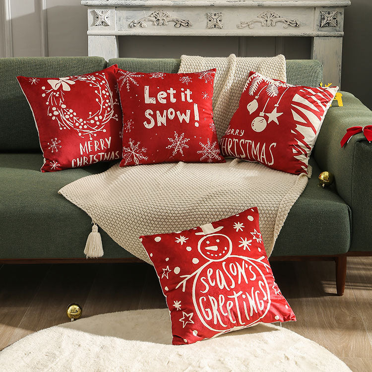 Velvet Christmas Pillow Cover with Season's Greetings Script | Hidden Zipper, Machine Washable | Red Holiday Decorations
