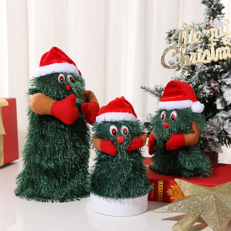 Plush Christmas Tree Figurines with Santa Hat and Red Mittens | Tabletop and Mantel Decor | Three Playful Designs