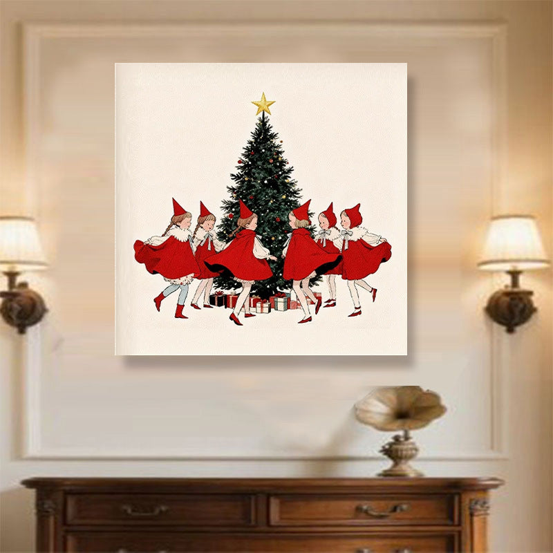 Vintage Christmas Wall Art with a Girl Decorating the Tree | Festive Canvas Print for Nostalgic Decor | 20 x 20 cm