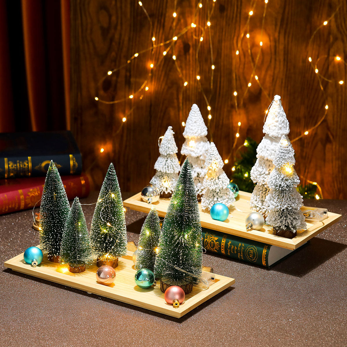 Mini Christmas Tree Set of Five with Warm White Lights | Natural Wood Base | Tabletop and Mantel Holiday Decorations