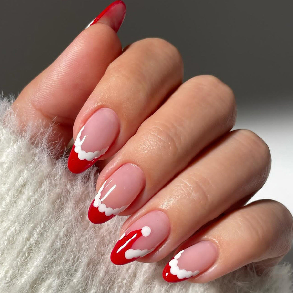 Holiday Nail Designs with a Santa Motif | Press On Christmas Nails with Red Tips and Glitter | Festive Xmas Manicure Set