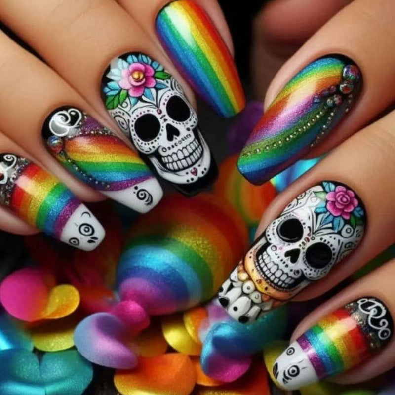 Halloween Skull Press-On Nails | Available in Regenbogen | Glue-Free Application in Minutes for Parties and Nights Out