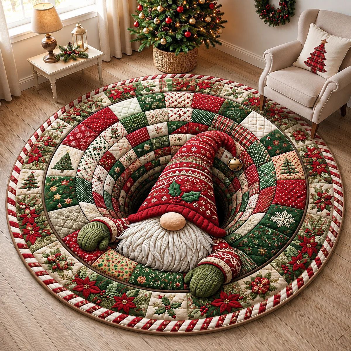 Round Christmas Rug with Festive Seasonal Motifs | Soft Plush Area Carpet for Living Rooms | Six Designs Available