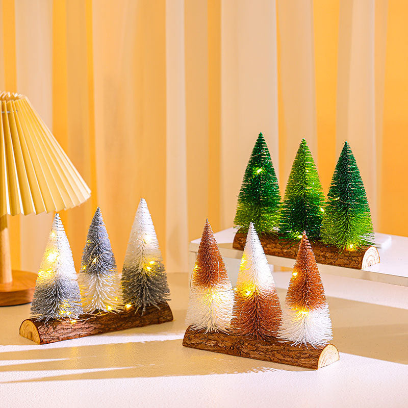 Artificial Christmas Trees on a Wooden Base with Sparkling LED Lights | Battery Powered Tabletop Set | Green, Orange or Silver