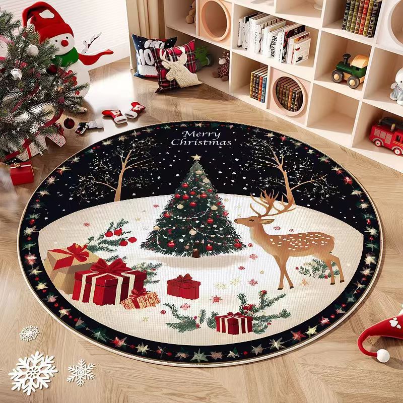 Christmas Tree Round Rug with Gifts and Snowflakes | Machine Washable Festive Floor Mat | Several Seasonal Sizes