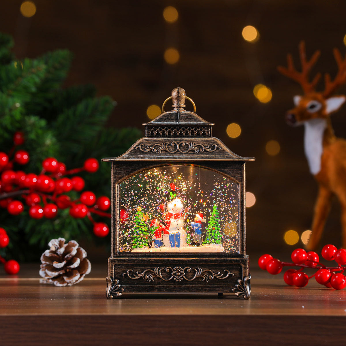 Musical Christmas Lanterns with a Santa and Reindeer Scene | Plays Classic Holiday Melodies | 12 in Tall Painted Tabletop Light
