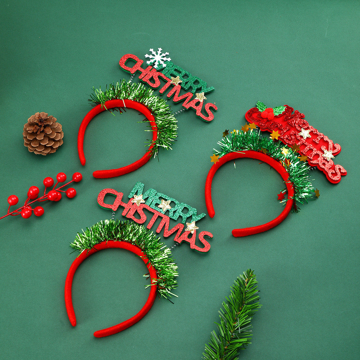 Christmas Headband with a Greeting Sign and Glitter Tinsel | Flexible Soft Band for a Snug Fit | Festive Party Accessories, 3 Designs