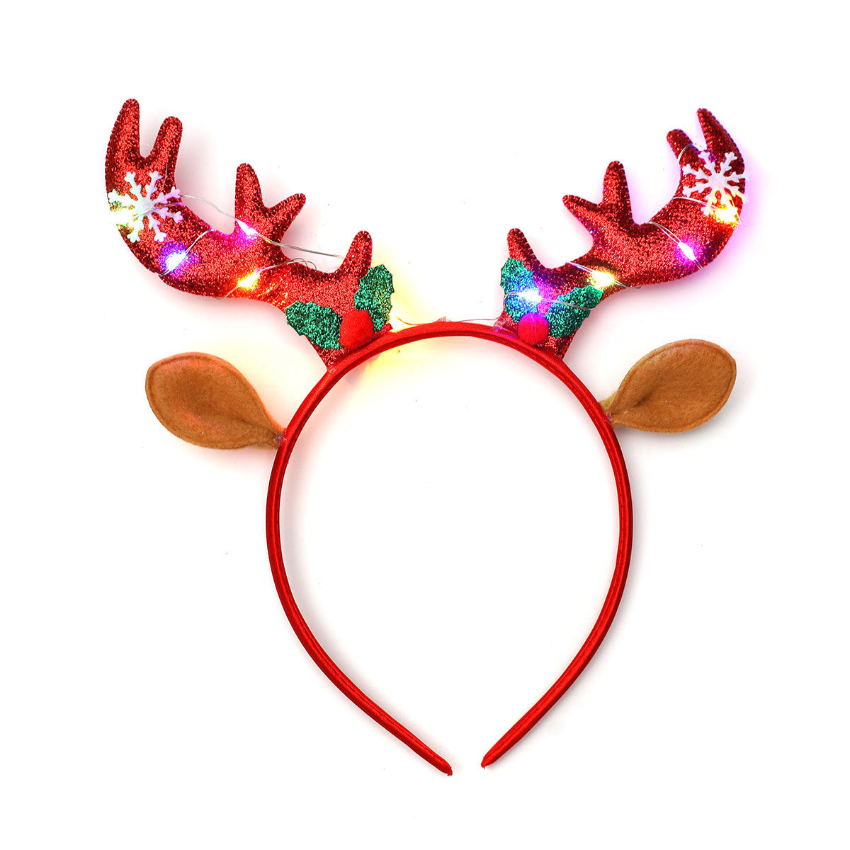 Light Up Reindeer Antler Headband with Glitter Foil Accents | Adjustable One Size Party Wear | Festive Christmas Photo Prop