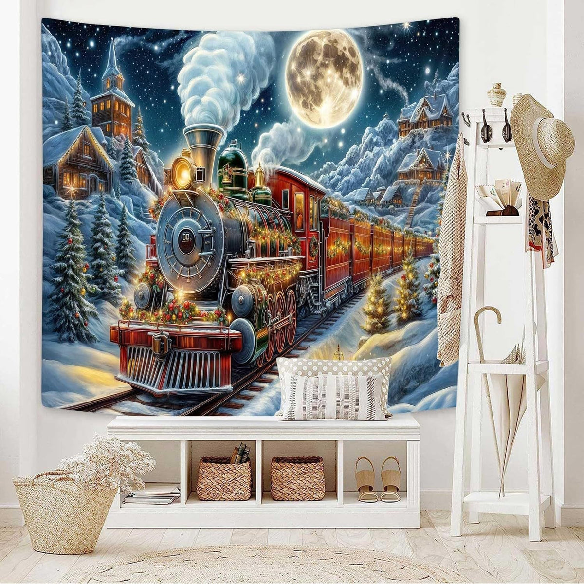 Steam Train Christmas Wall Tapestry | Winter Wonderland Scene on Lightweight Fabric | Vintage Holiday Decorations in Blue