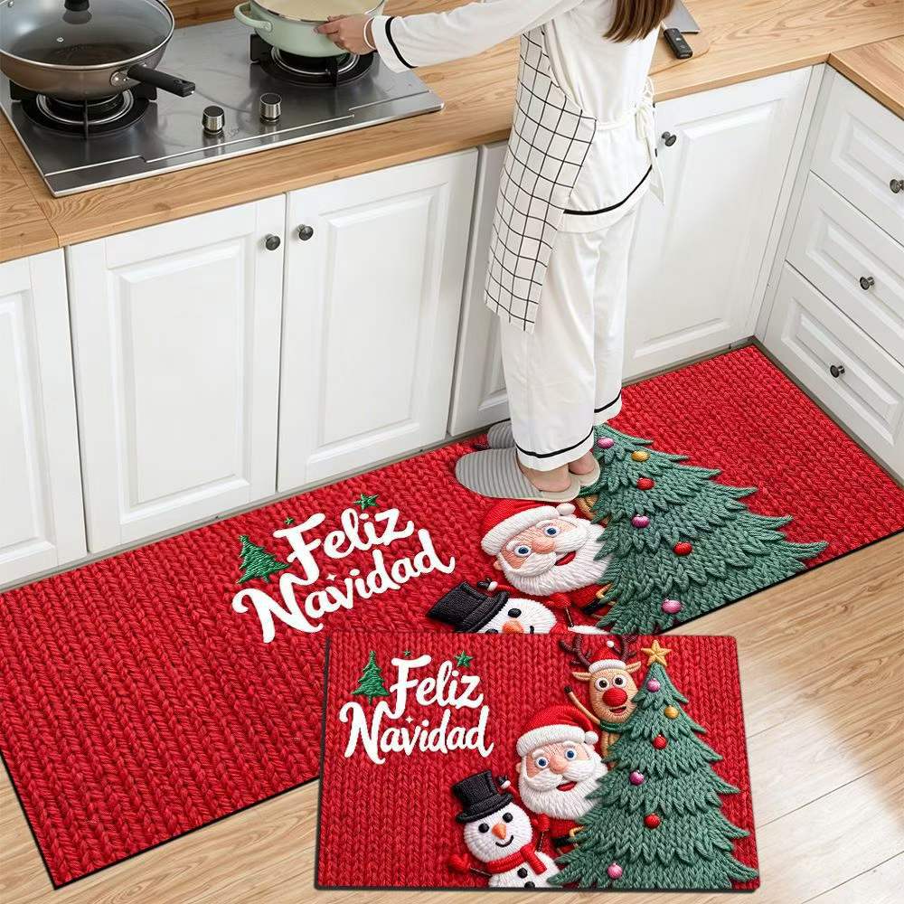 Christmas Kitchen Runner with Tree and Ornament Print | Cushioned Non-Slip Indoor Mat | Festive Floor Decor for Sink and Stove