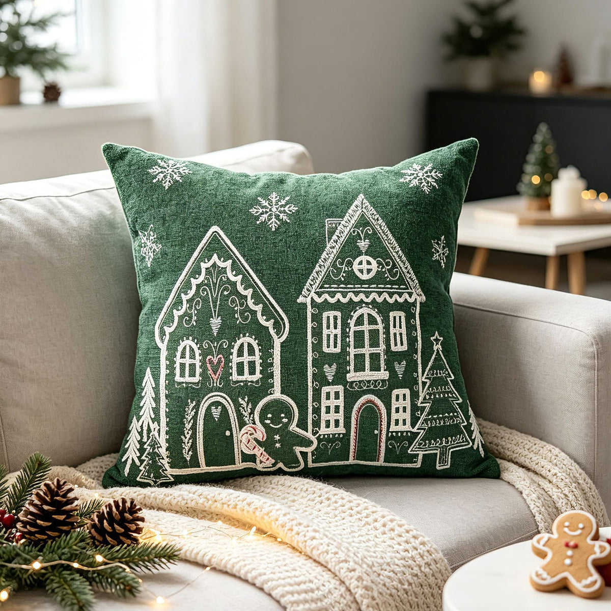 Christmas Bedroom Pillow Cover with Embroidered Gingerbread Houses | Soft Velvet Style Fabric, Hidden Zipper | Six Designs, Two Sizes