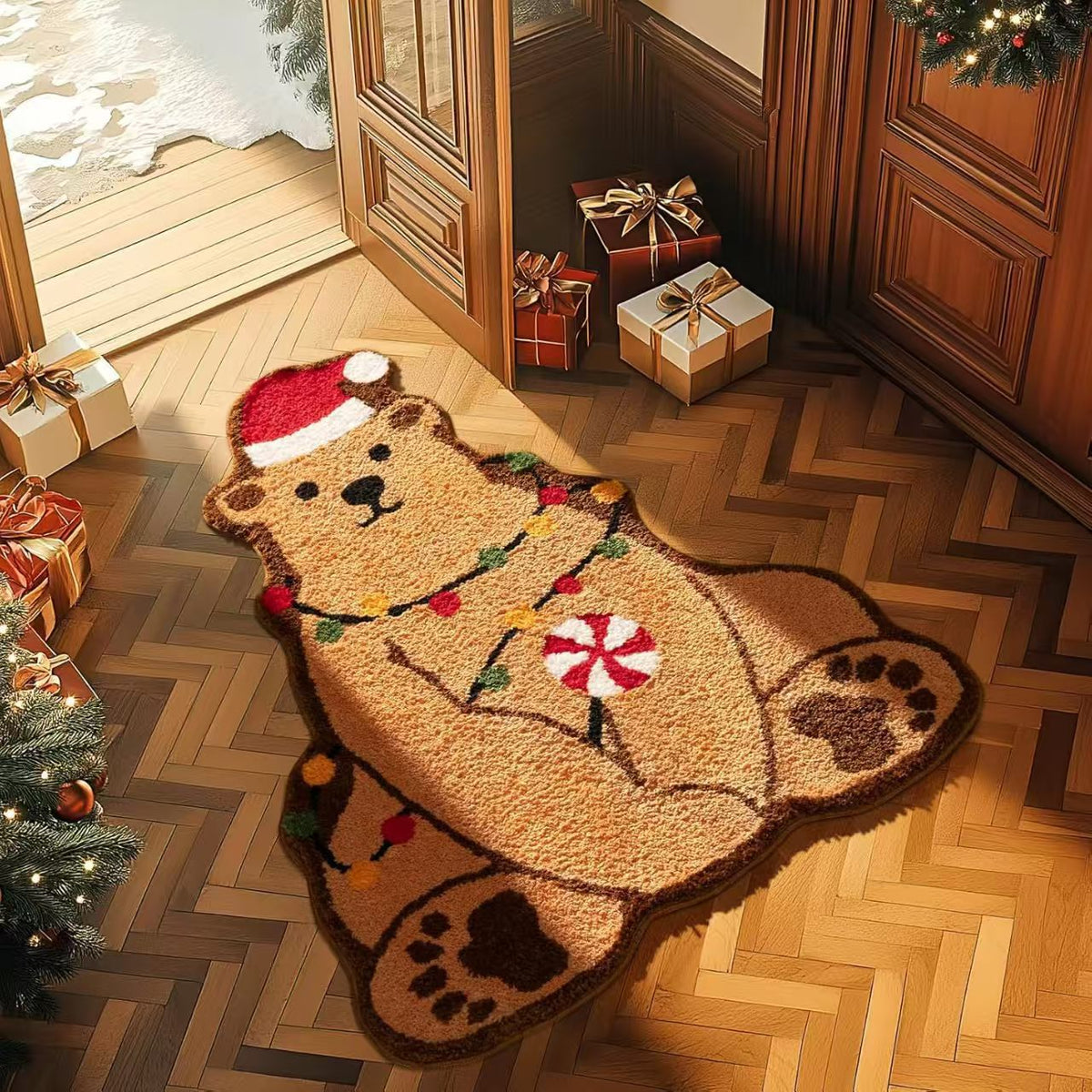 Christmas Tree Shaped Rug with Candy Cane and Snowflake Print | Soft Fibers Underfoot | Living Room and Entryway Mat