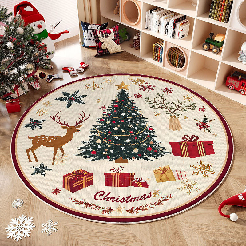 Christmas Tree Round Rug with Gifts and Snowflakes | Machine Washable Festive Floor Mat | Several Seasonal Sizes