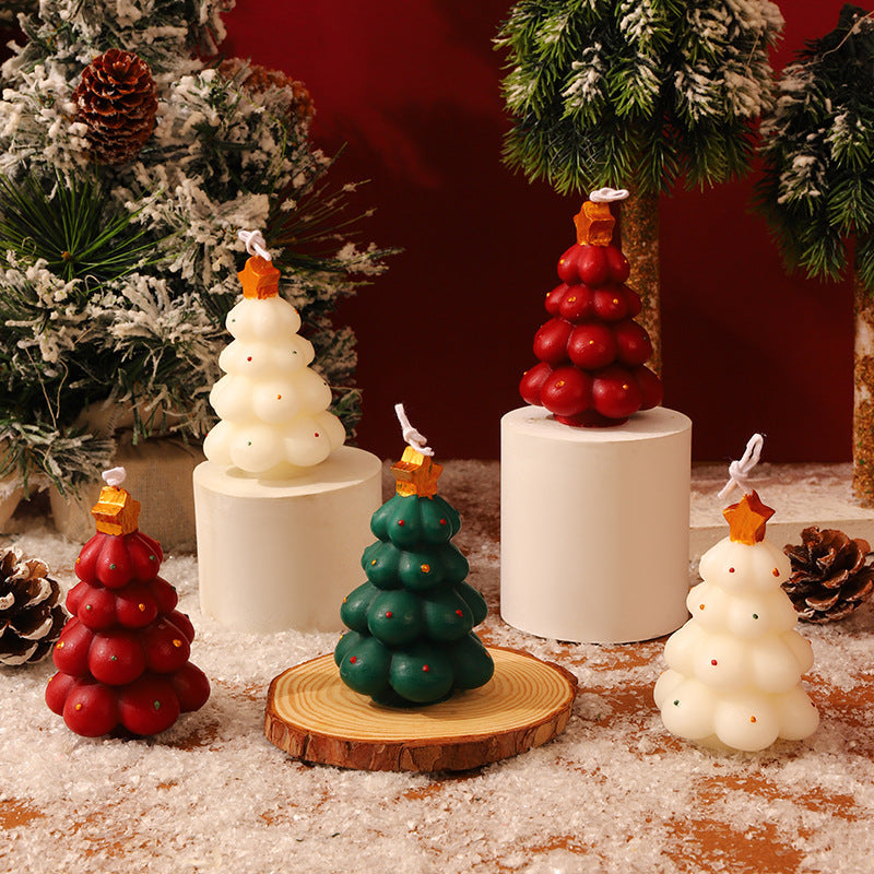 Hand Poured Christmas Tree Candle with Clear Star Top and Bead Accents | Cotton Hanging Loop | Festive Holiday Decorations