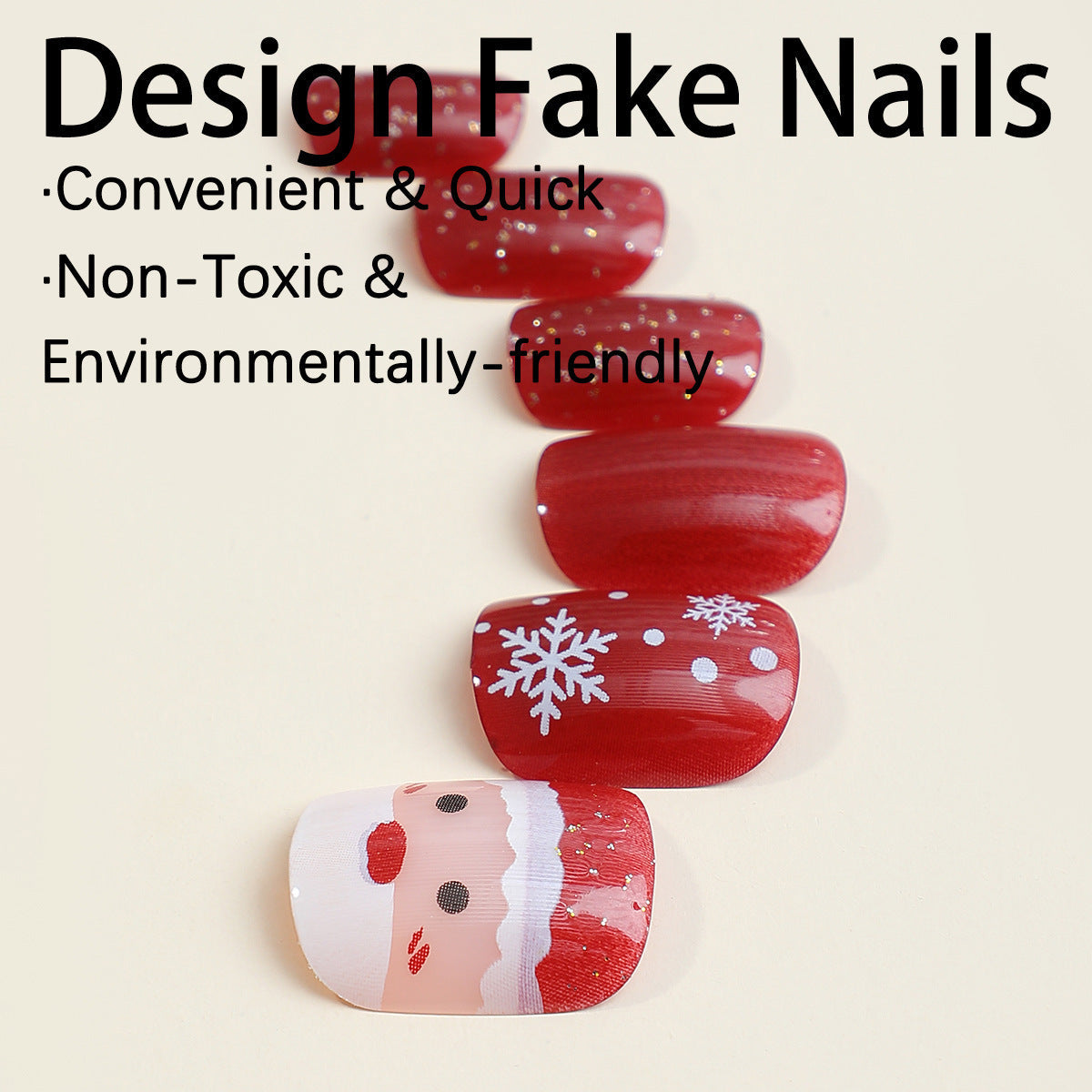 Christmas Nails with Reindeer and Snowflake Motifs | 24 Press On Fingernails in Mixed Sizes | Reusable Kit with Adhesive Tabs
