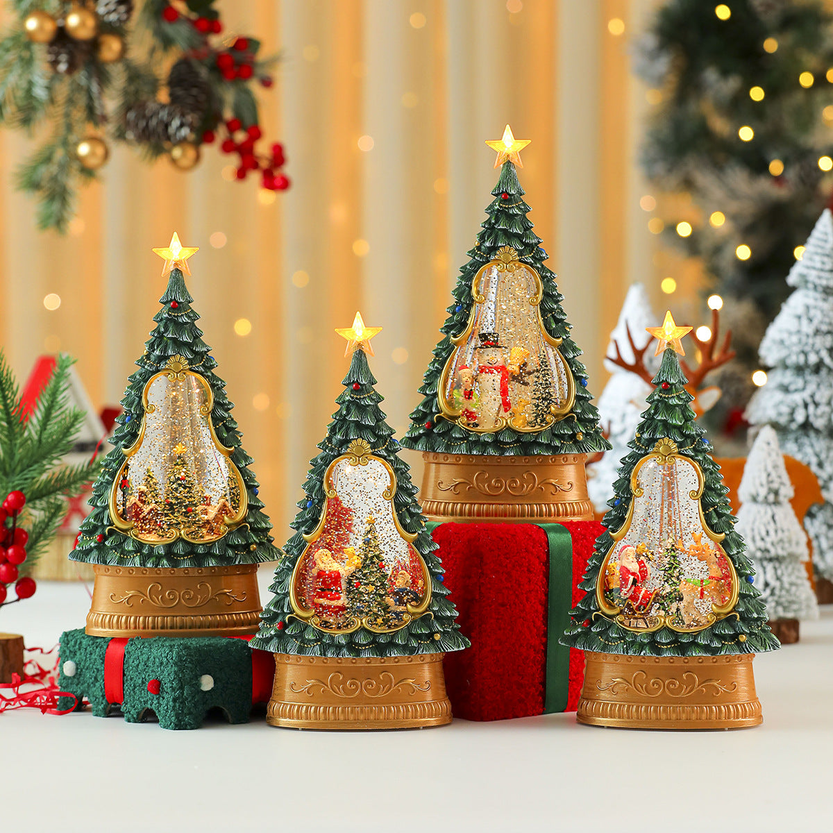 Illuminated Christmas Tree Decorations with a Sparkling Star Top | Painted Scene Behind a Clear Window | Warm Table Glow