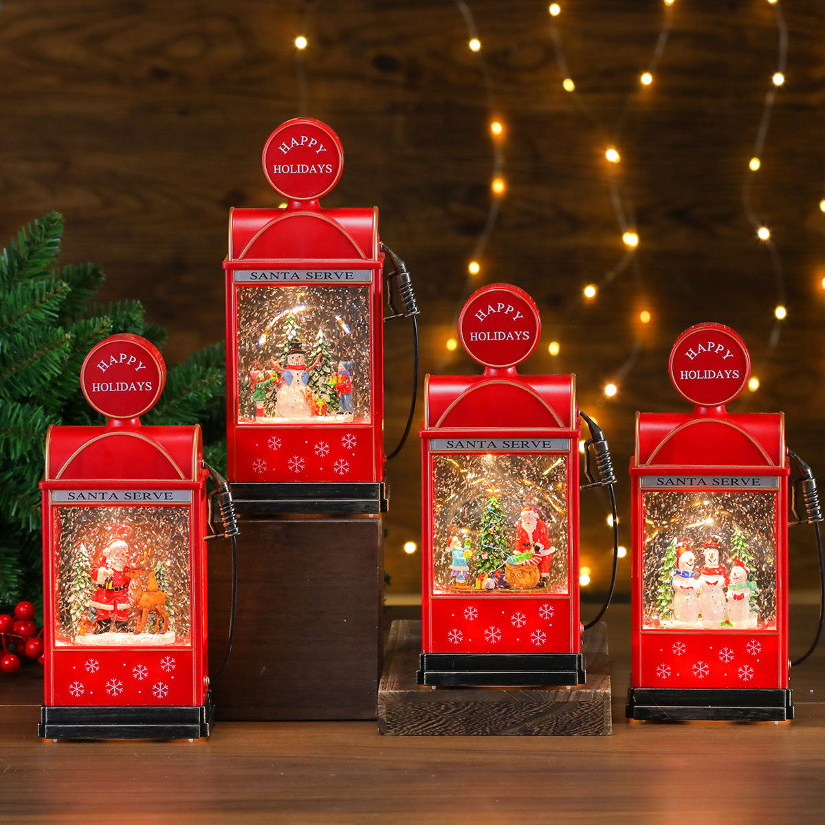 Santa Scene Lantern with Warm Christmas Lights | Battery Operated Tabletop Decor | Vintage Style and a Snowy Backdrop