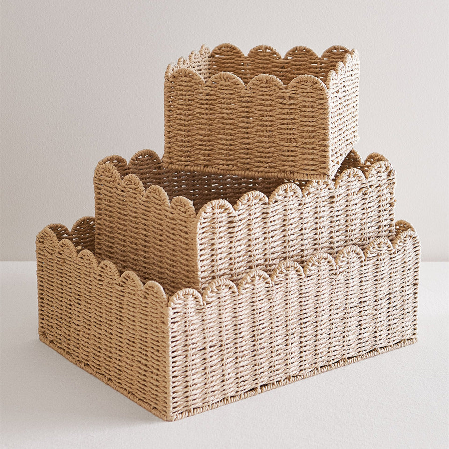 Handwoven Scalloped Storage Basket as Bathroom Counter Organizer | Light to Lift and Move | 3 Colors