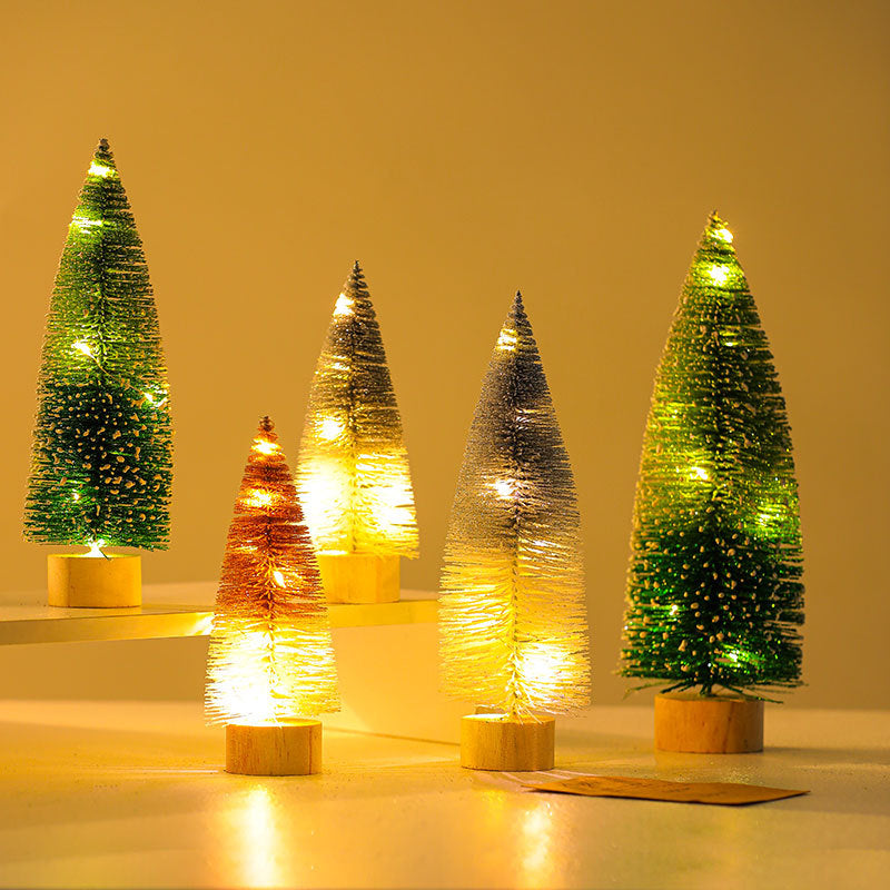 Miniature Artificial Christmas Trees with Delicate Fairy Lights | Realistic Pine Finish on a Wooden Base | Green or Silver