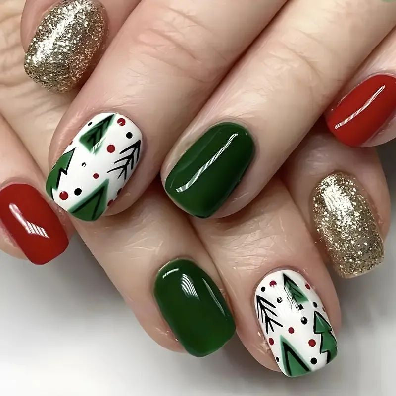 Green and Gold Christmas Nails with Tree Art | Glitter Accent Tips | Non Toxic Polish with a Chip Proof Finish