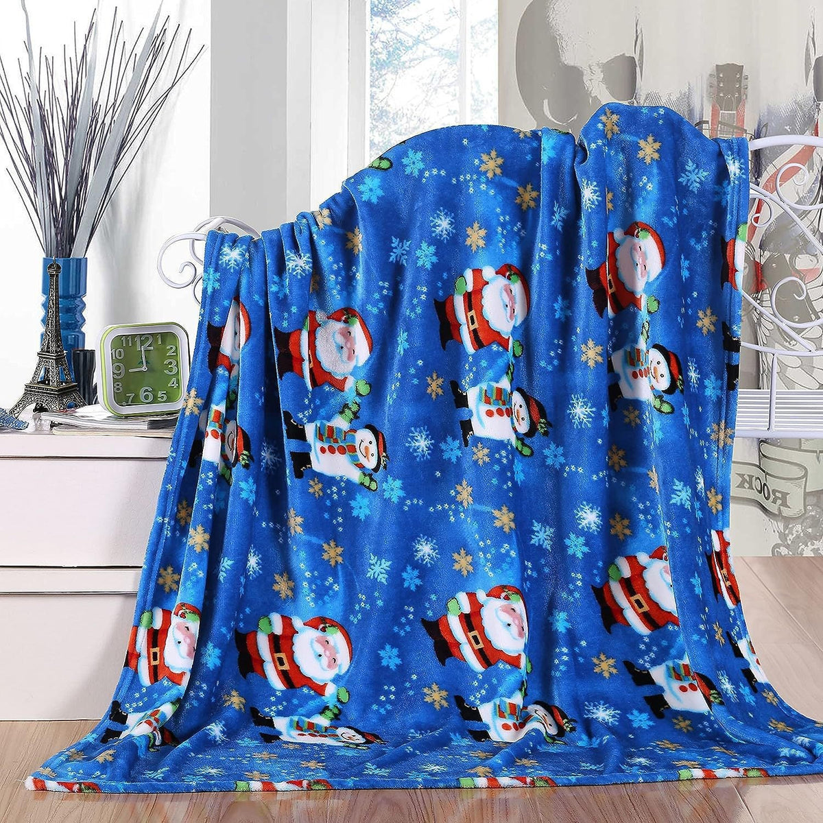 Santa and Snowman Plush Fleece Blanket in Blue | Soft Christmas Throw for Family Movie Nights | Two Sizes Available
