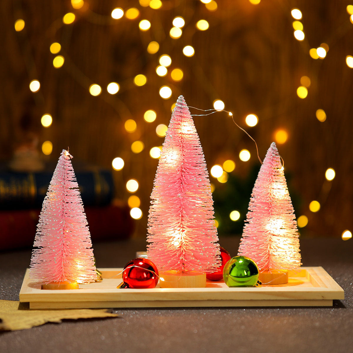 Faux Christmas Tree Trio with Snow Dusted Branches | Warm LED Glow, No Assembly Needed | White or Pink Miniature Table Decor