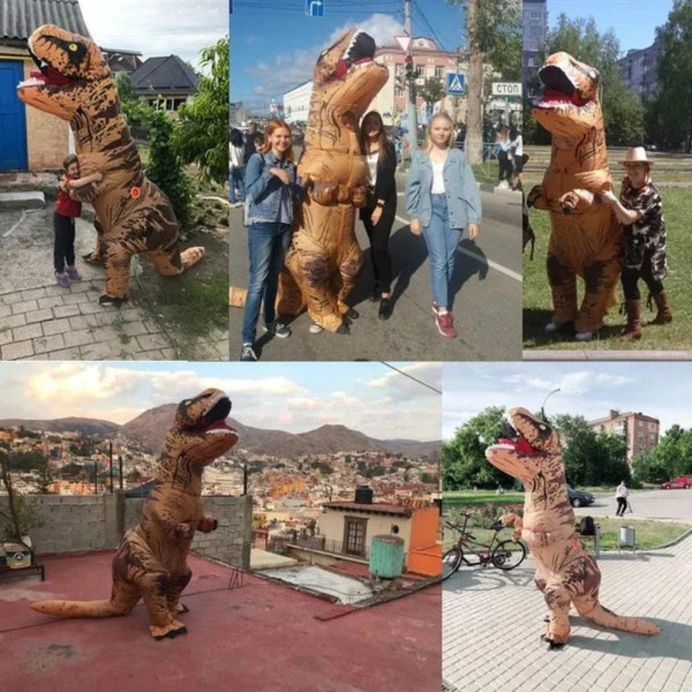 Full body inflatable dinosaur costume shown from the side