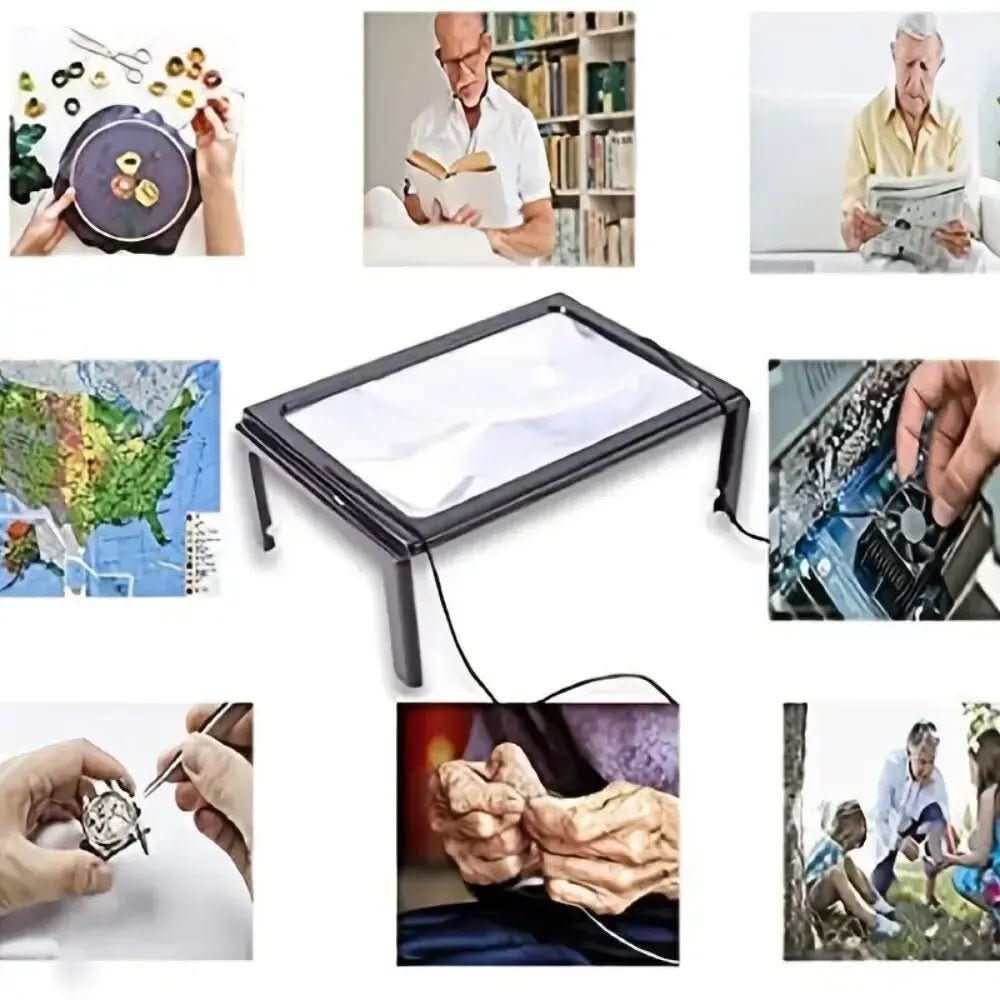 Portable 3x LED Lens Magnifier 10.6 x 8.1 In | 4 Built-In LED Lights | Lightweight Support for Reading & Hobbies