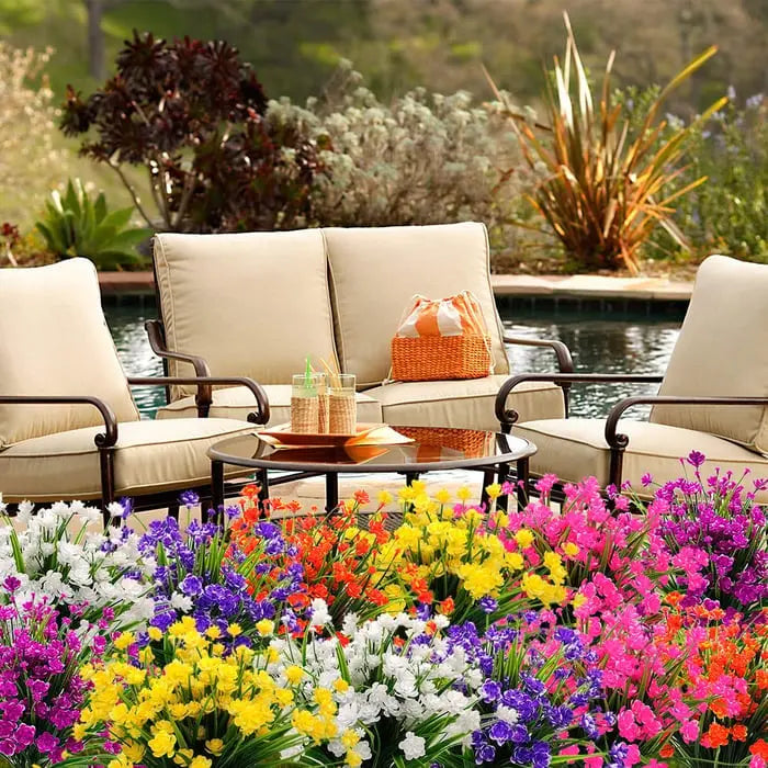 Artificial Outdoor Flowers in a Seven Pack | UV and Water Resistant Garden Ornaments for Beds, Pots or Patios