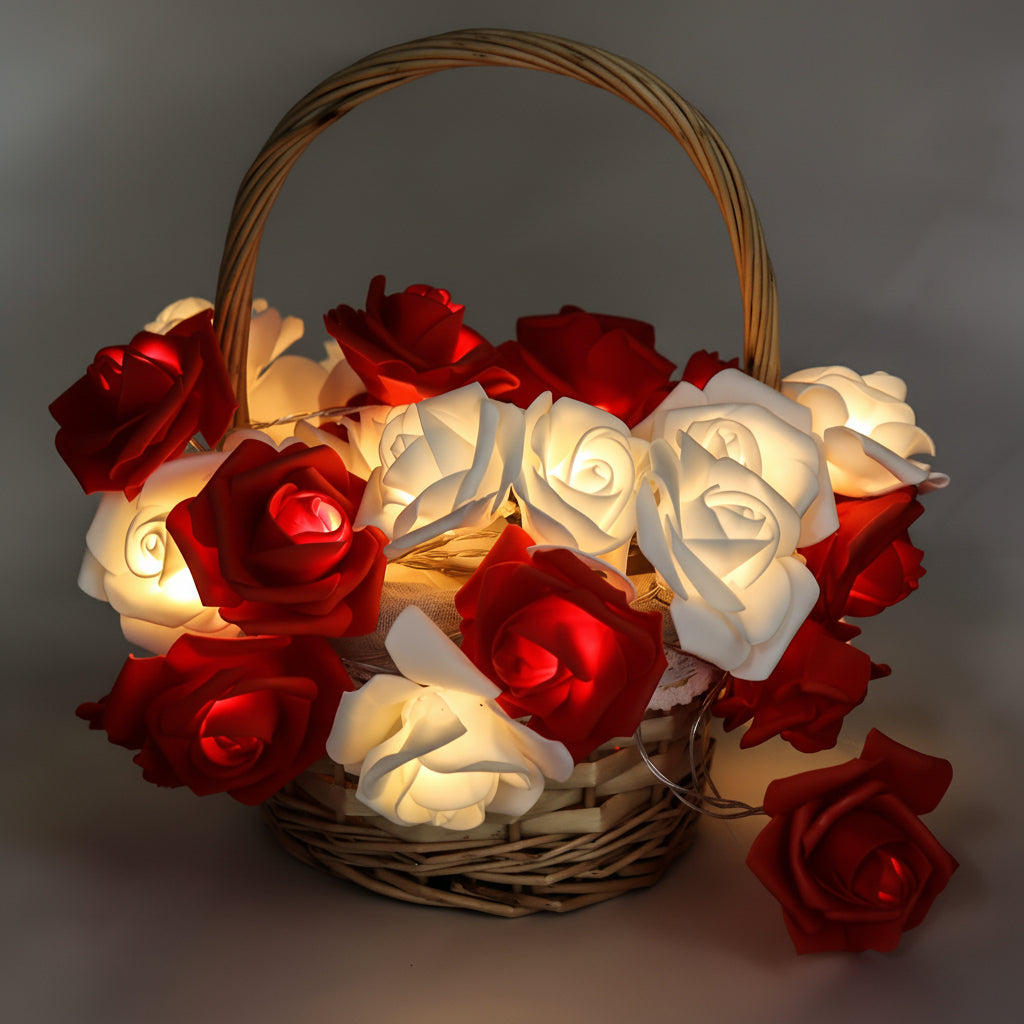 Blossom floral LED string lights with rose-shaped flowers glowing warm white