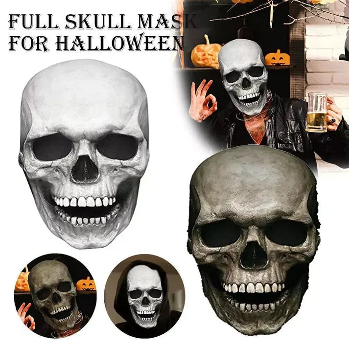 Movable jaw skull mask worn as a full head Halloween helmet