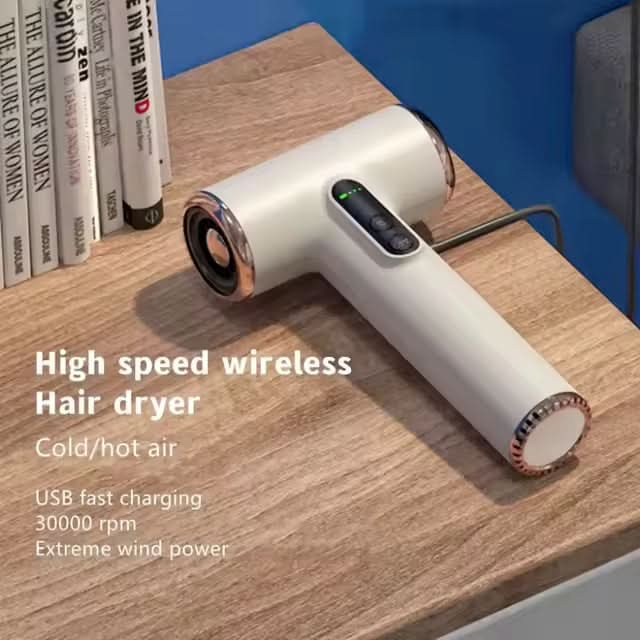 Cordless Hair Dryer 30,000 RPM Motor | 3 Speed & Heat Settings | Fast-Drying Portable Styling Tool with Safety Protection