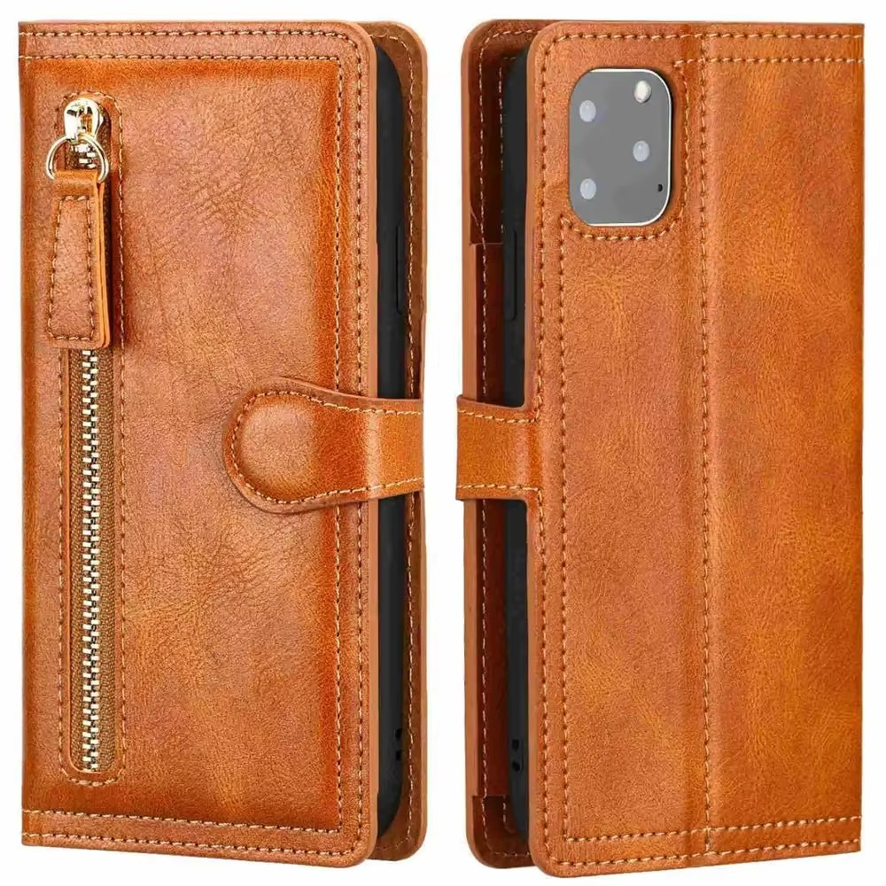Faux Leather Wallet Phone Case for iPhone 11 to 16 Pro Max | Zip Pocket, Card Slots and Fold Out Stand | Five Colors