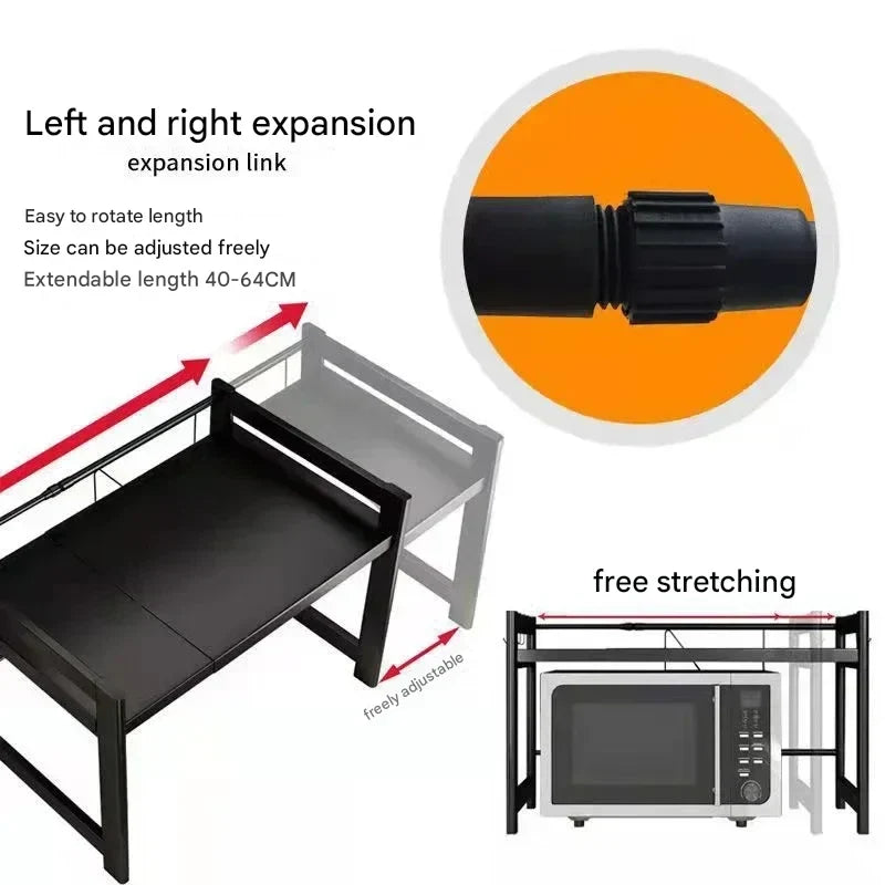 Expandable Two-Tier Microwave Rack with Four Hooks | Carbon Steel Shelves for Kitchen Counters | 17 to 25 in Wide