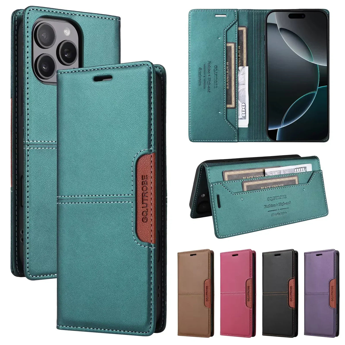RFID Blocking Wallet Phone Case for iPhone 16 and 15 Series | Magnetic Flap with Card and Cash Slots | Built In Stand