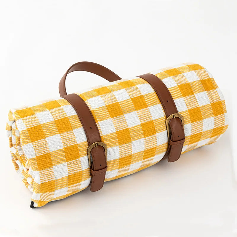 Waterproof Warm Blanket for Picnics and Park Days | Leather Carry Strap, Foam Padding and a PEVA Backing | Two Sizes