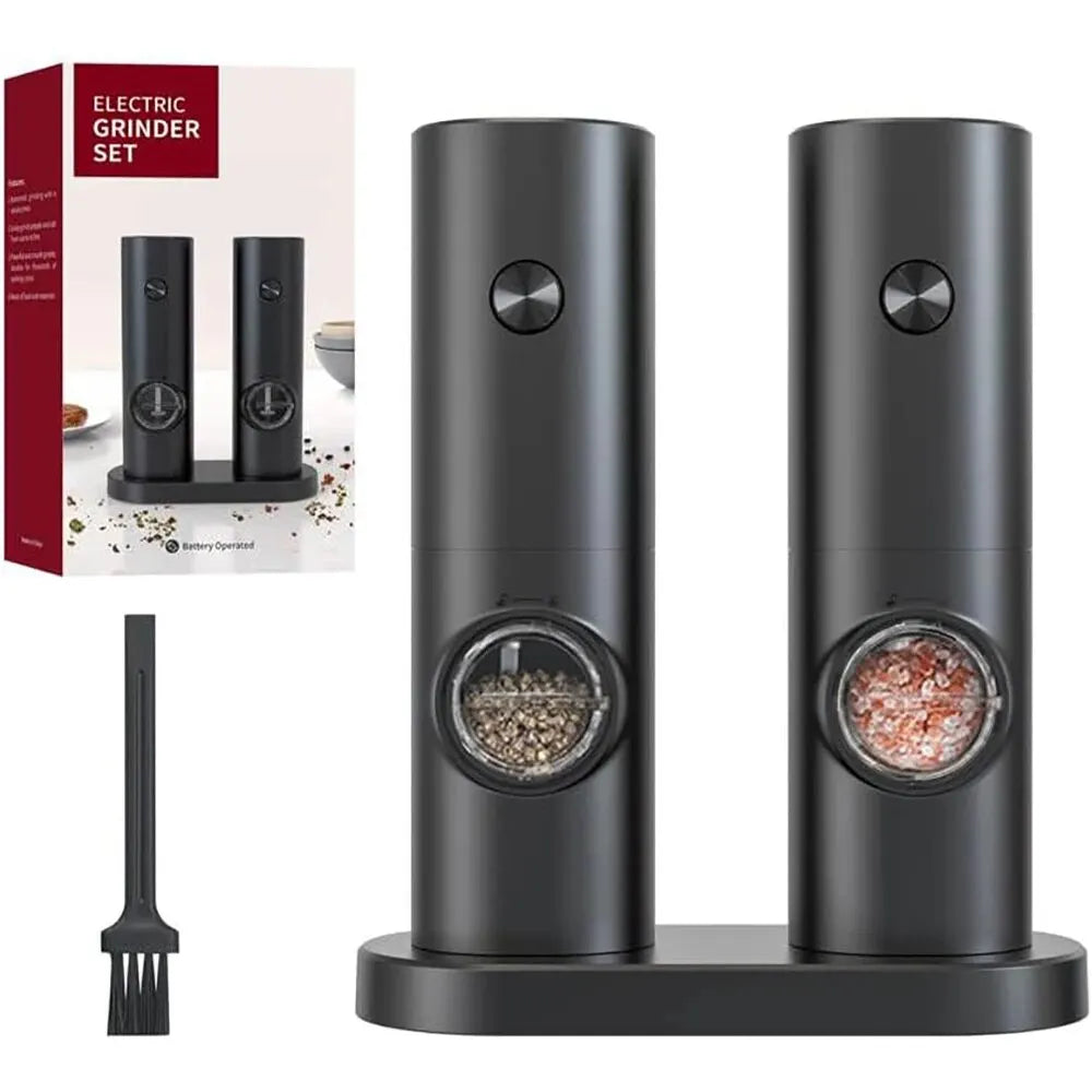 Electric Salt and Pepper Grinder Set with Holder and Brush | Adjustable Coarseness, Battery Powered | Kitchen Gadgets