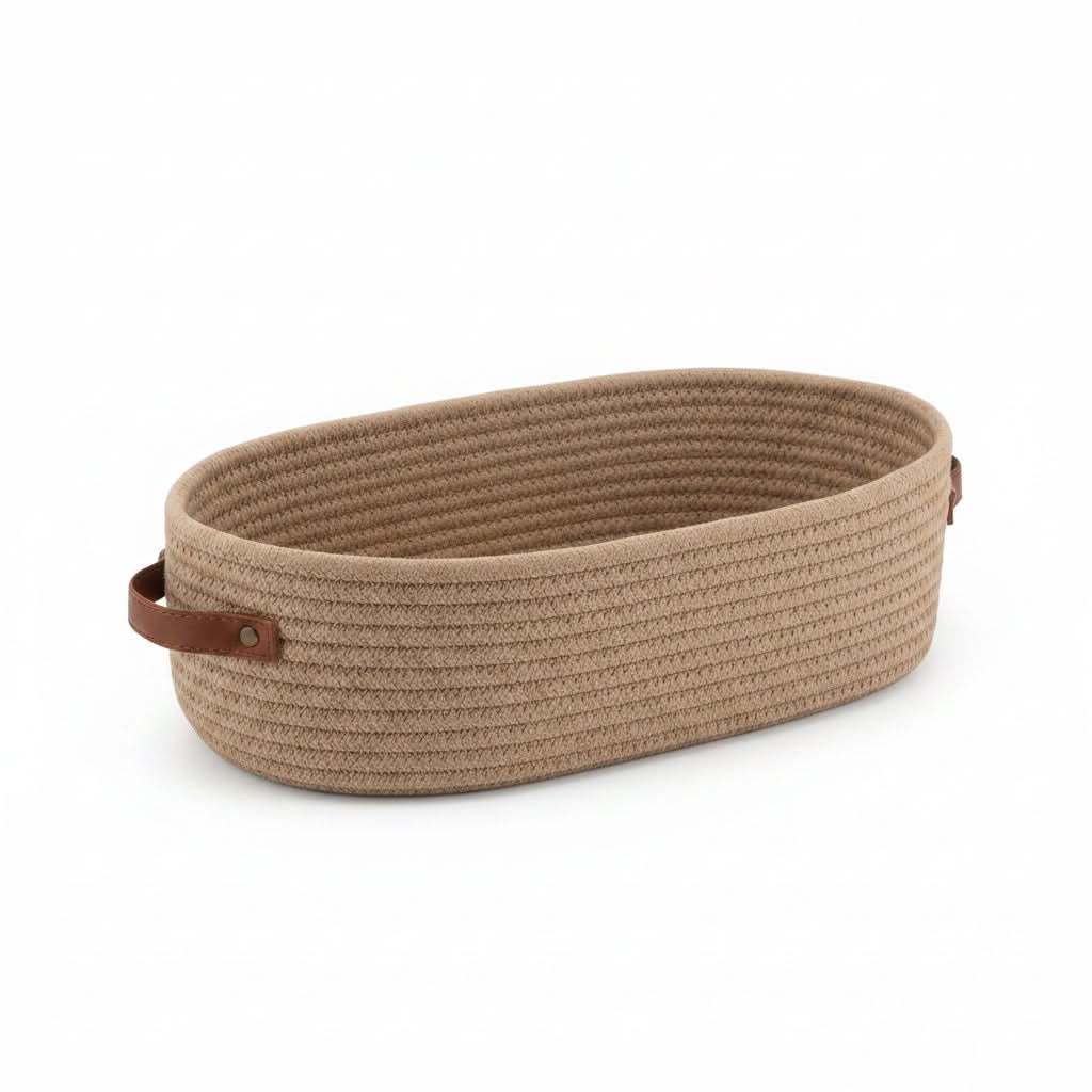 Oval Woven Storage Basket 4.7 x 13 x 3.9 In | Cotton Rope Weave | White, Blue, Khaki & Grey | Lightweight Bathroom Organizer