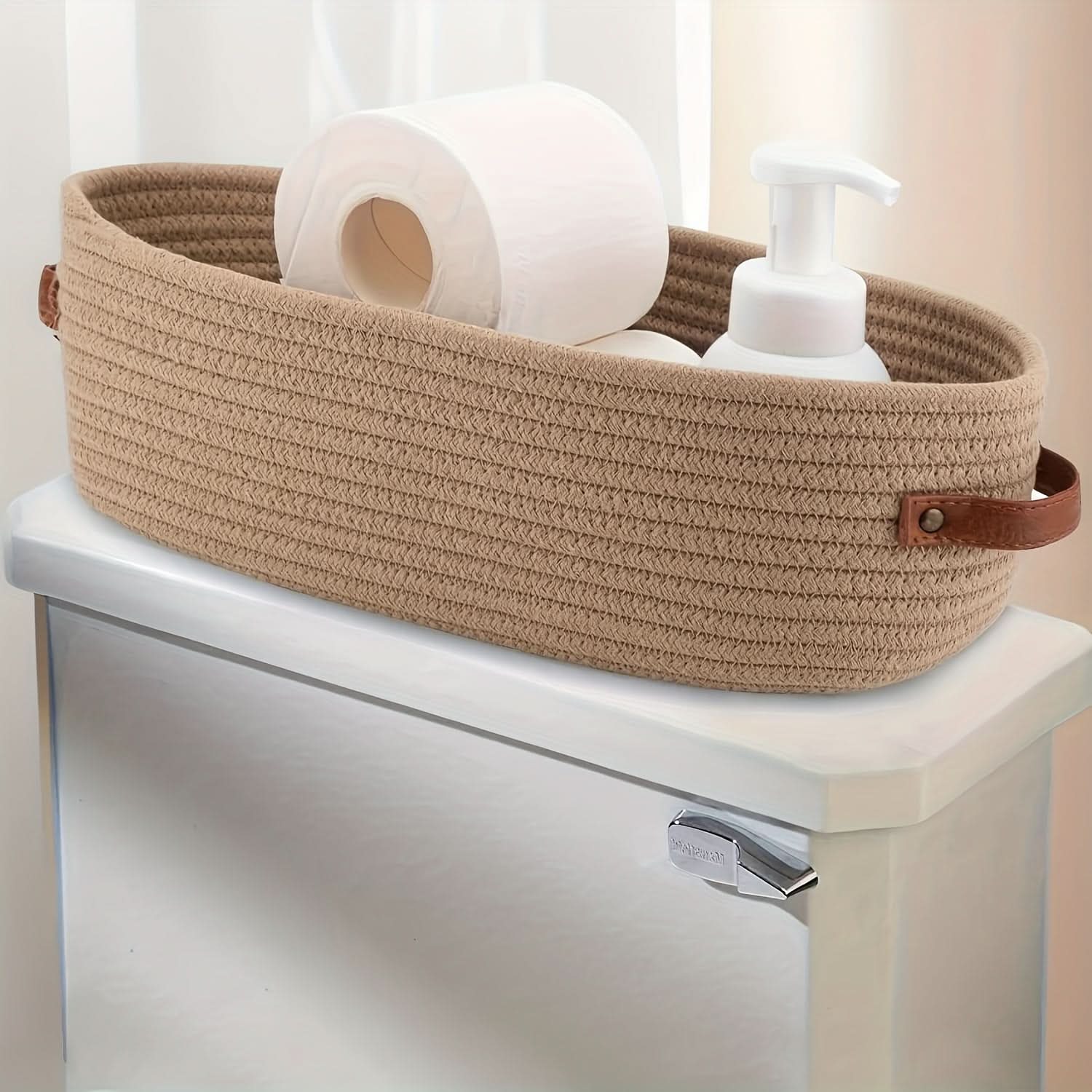 Oval Woven Storage Basket 4.7 x 13 x 3.9 In | Cotton Rope Weave | White, Blue, Khaki & Grey | Lightweight Bathroom Organizer