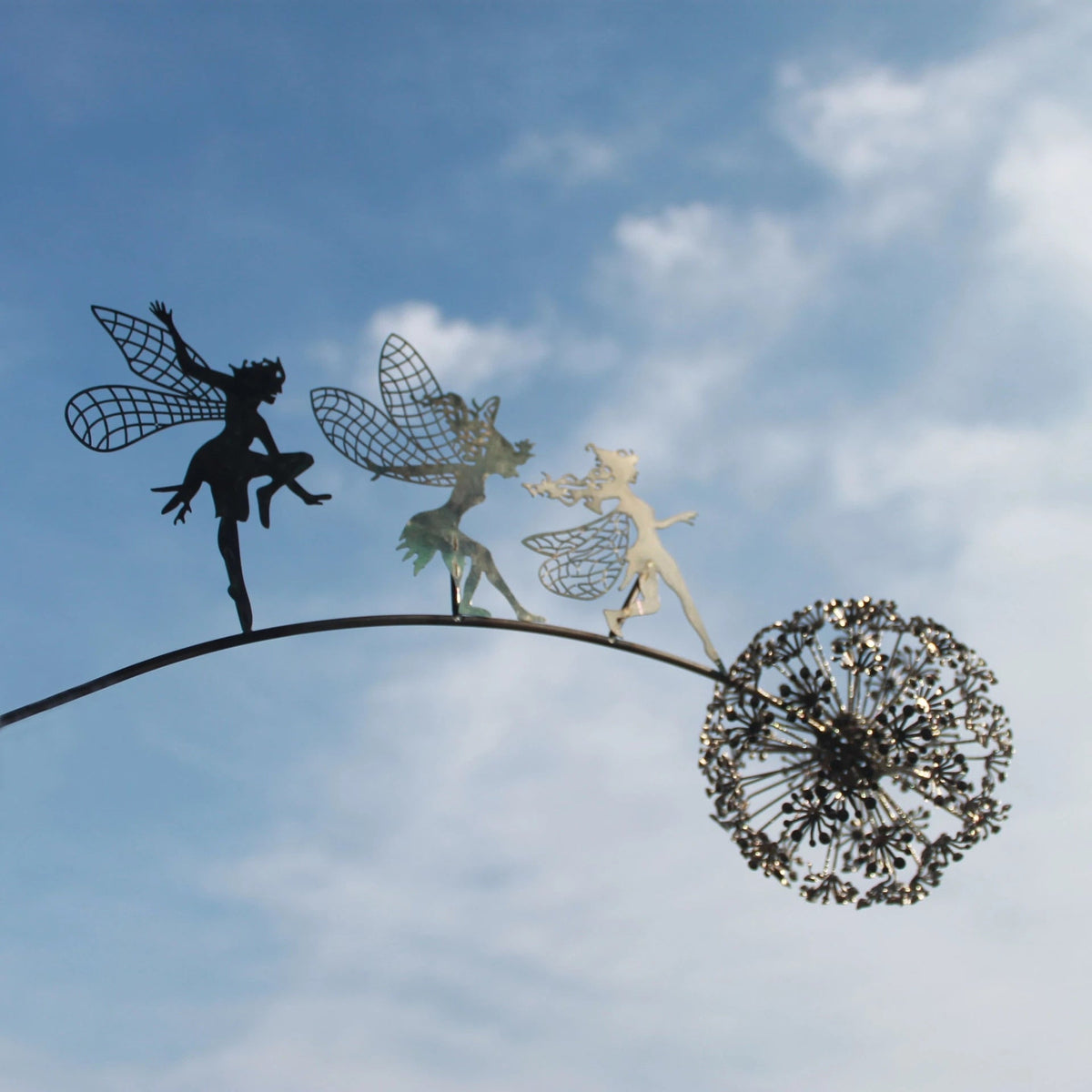 Fairy and Dandelion Garden Statue in Metal | Outdoor Lawn Decoration on Stakes, 75 cm Tall, Eight Designs