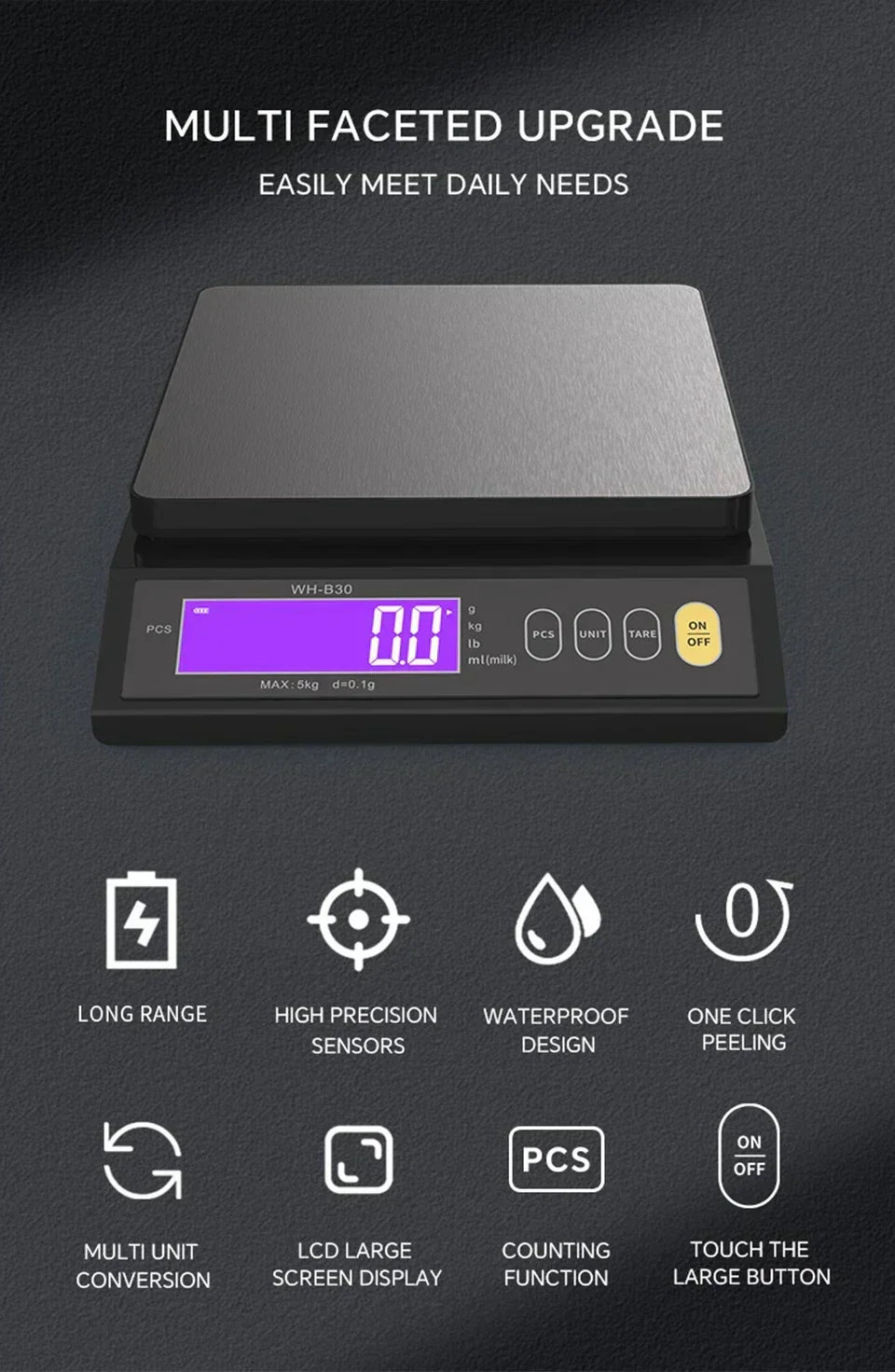 Digital Kitchen Scale with Backlit LCD and Counting Mode | Rechargeable Food Weighing up to 5 or 10 kg | Stainless Steel Panel