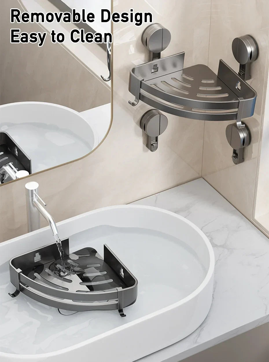 Suction Cup Shower Caddy in Aluminum, No Drilling Needed | Corner or Flat Wall Shelf for Shampoo and Soap | Four Shapes