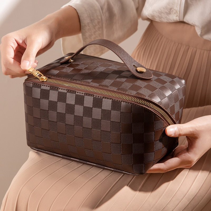 Checkered Travel Bags for Makeup with Carry Handle | Faux Leather Cosmetic Case with Several Compartments