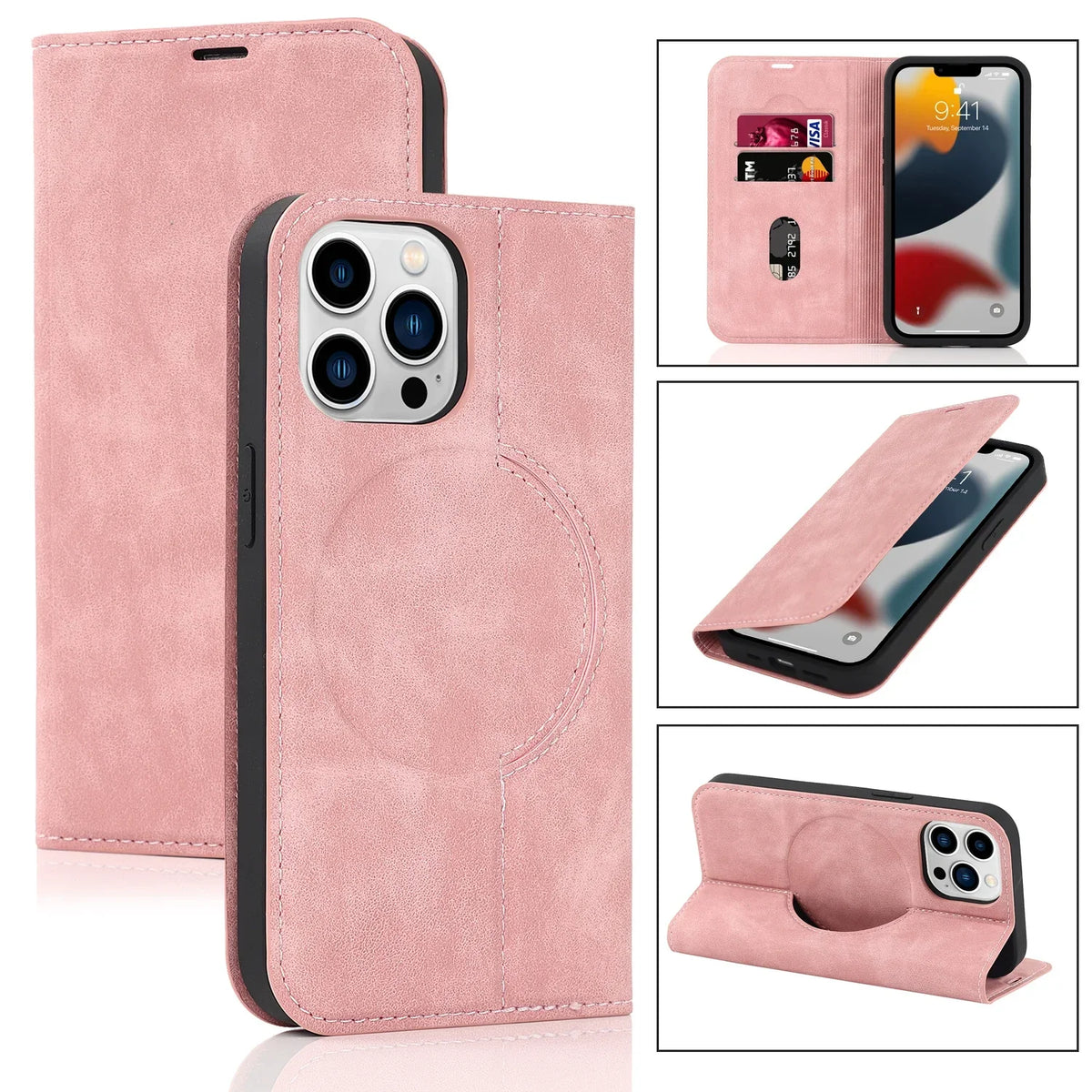 Wallet Phone Case for iPhone 12 to 15 | Two Card Slots and a SIM Pocket in PU Leather | MagSafe Compatible, Six Colors