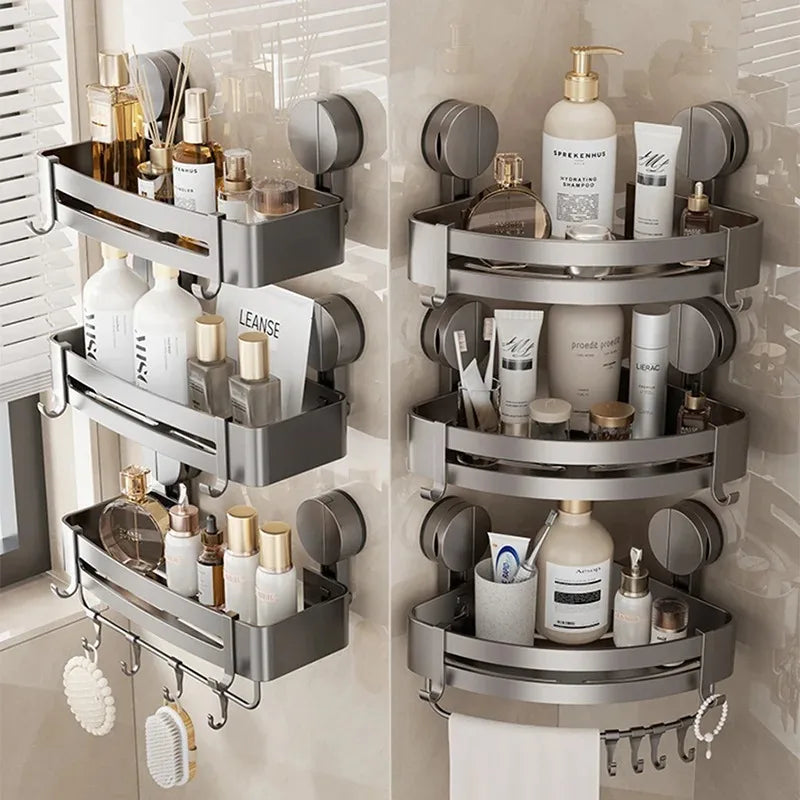 Suction Cup Shower Caddy in Aluminum, No Drilling Needed | Corner or Flat Wall Shelf for Shampoo and Soap | Four Shapes