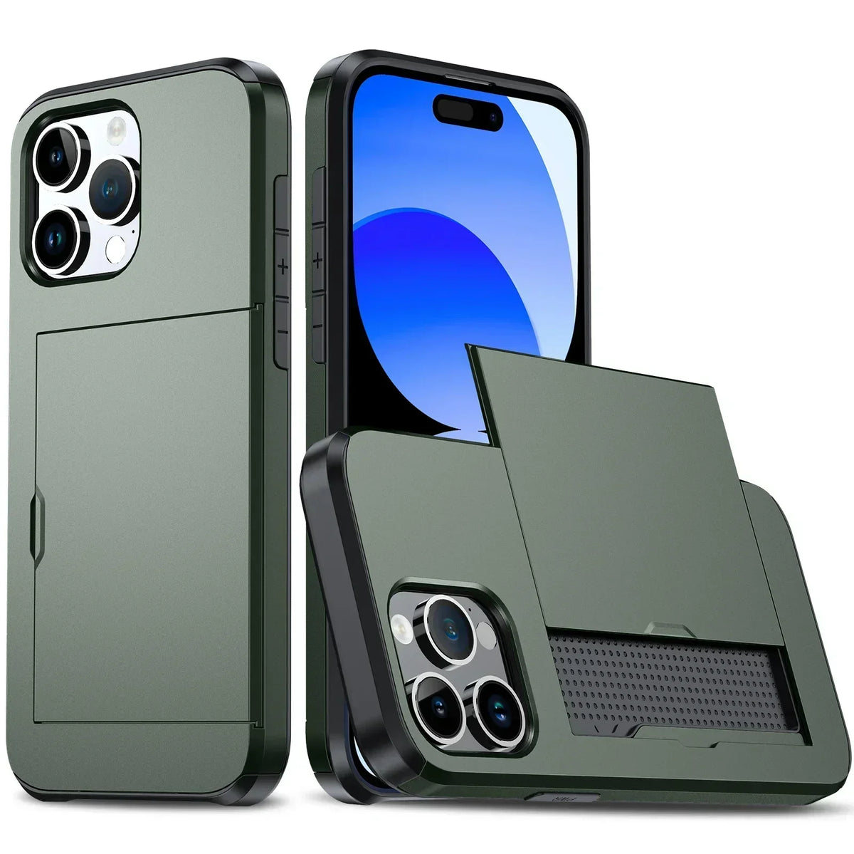 Slim Phone Case with Hidden Card Slot for iPhone 11 to 15 Pro Max | Shockproof TPU and Polycarbonate | 5 Colors