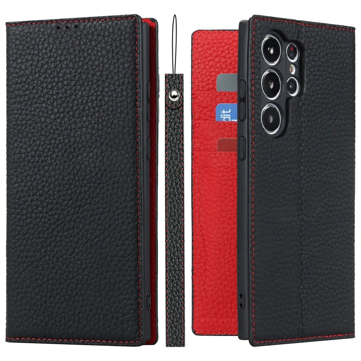 Leather Wallet Phone Case for Samsung Galaxy S23, Plus and Ultra | 3 Card Slots, Bill Pocket, Wrist Strap