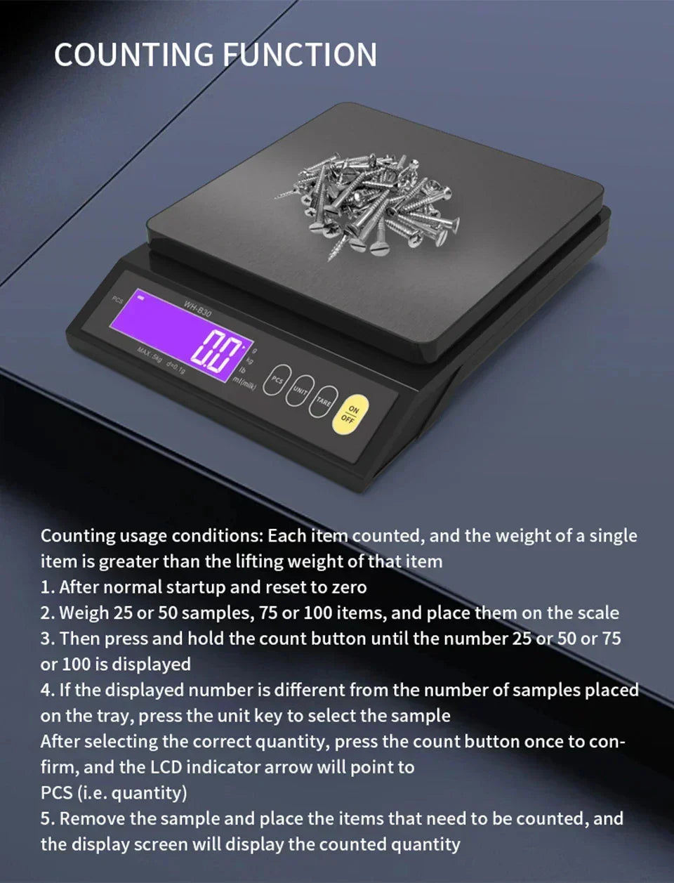 Digital Kitchen Scale with Backlit LCD and Counting Mode | Rechargeable Food Weighing up to 5 or 10 kg | Stainless Steel Panel