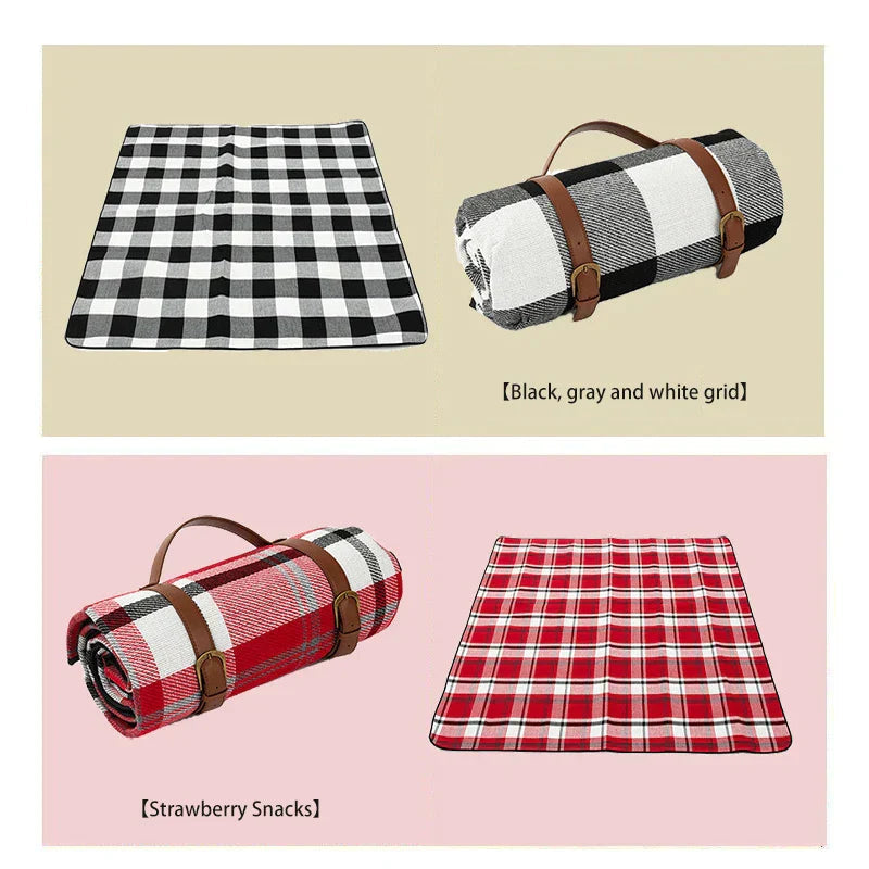 Waterproof Warm Blanket for Picnics and Park Days | Leather Carry Strap, Foam Padding and a PEVA Backing | Two Sizes